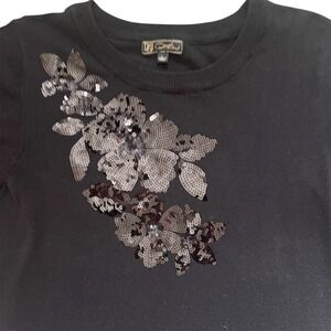 DG2 Diane Gilman Sequin Floral Sweater Crew Neck Pullover Black L